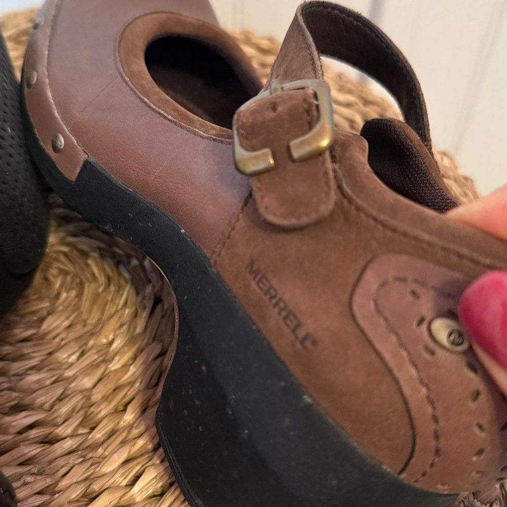 Merrell Brown Leather Mules with Buckle Strap - 7 - Picture 6 of 9